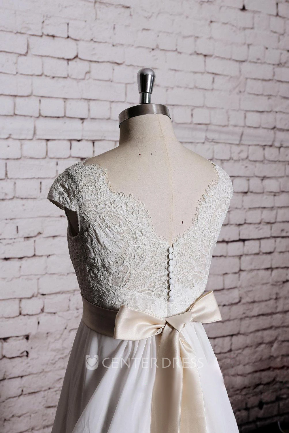 Special Design Lace Cap Sleeve Chiffon Skirt With Champagne Sash