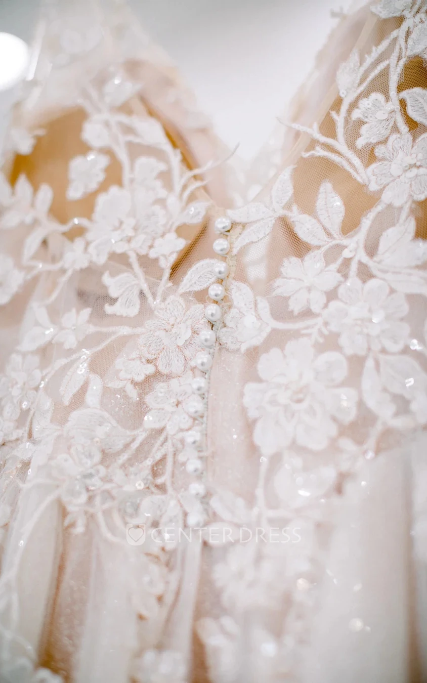 Boho Plus Size Chiffon V-neck Bridal Gown Beading Sequins with Court Train