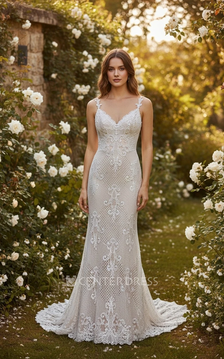 Chic Vintage Boho Lace Fit and Flare Warm Wedding Dress Beach Country Rustic V-Neck Low Back Pearl Button Embroidered Bridal Gown