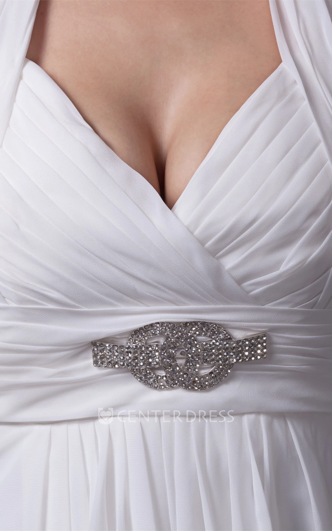 Knee-Length Sleeveless Halter A-Line Dress with Ruching and Beadings