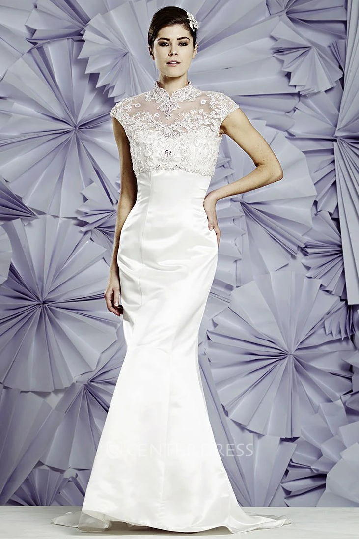 Sheath Floor-Length Beaded Cap-Sleeve High-Neck Stretched Satin Wedding Dress With Appliques