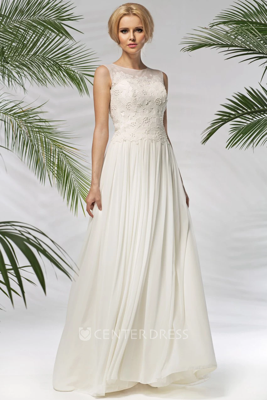 A-Line Sleeveless Scoop-Neck Appliqued Floor-Length Chiffon Wedding Dress With Pleats