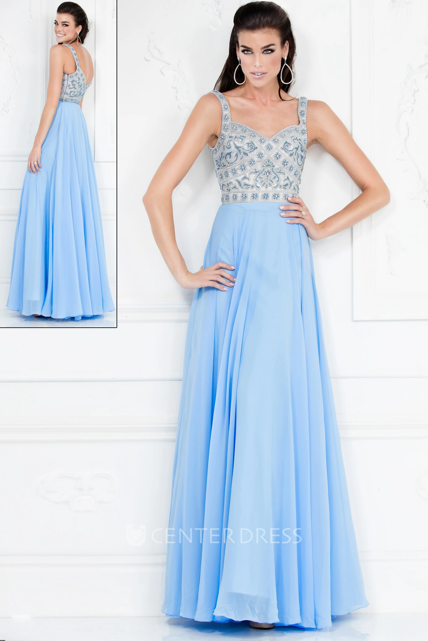 A-Line Sleeveless Chiffon Deep-V Back Dress With Pleats And Beading