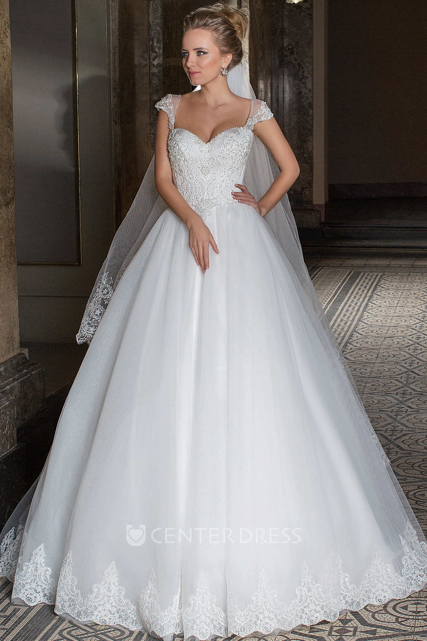 Maxi Sweetheart Cap-Sleeve Appliqued Tulle Wedding Dress With Beading And Illusion