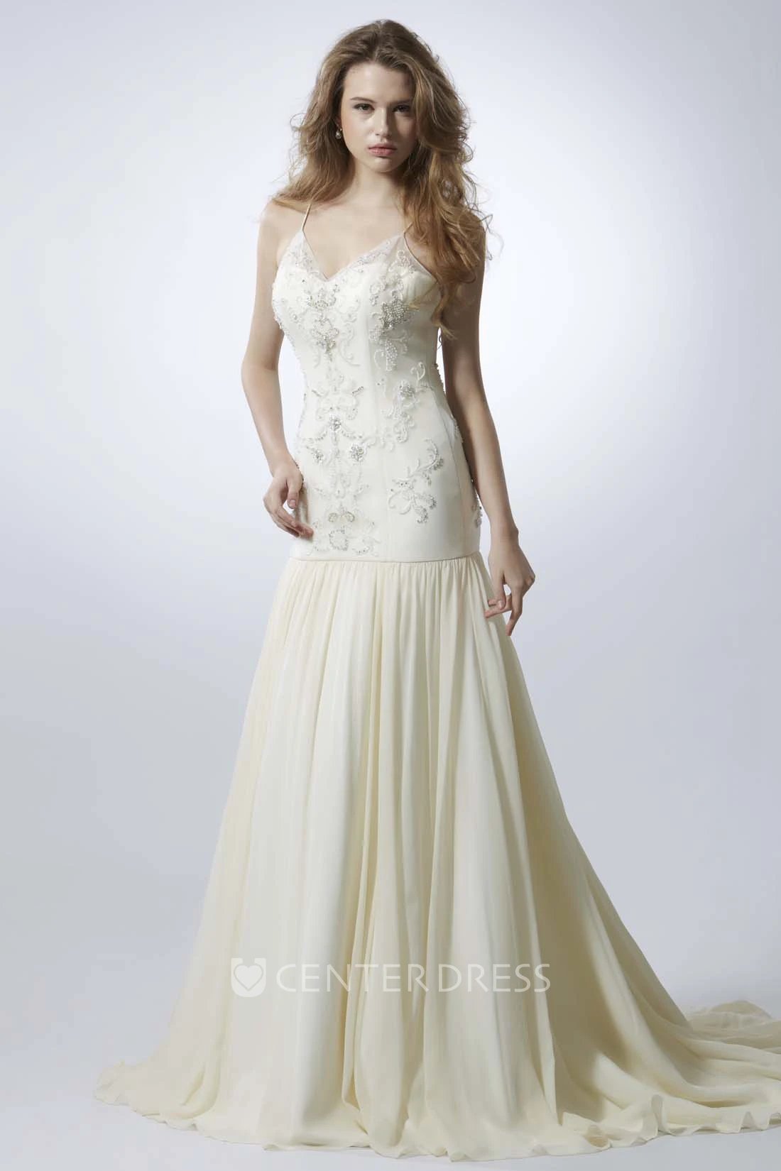 A-Line Floor-Length Sleeveless Beaded Spaghetti Chiffon Wedding Dress With Backless Style And Pleats
