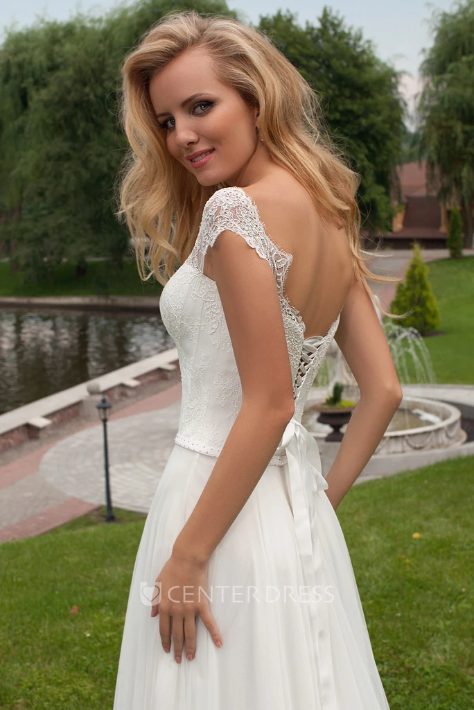Sheath Long Pleated Bateau-Neck Chiffon Wedding Dress With Lace And Corset Back