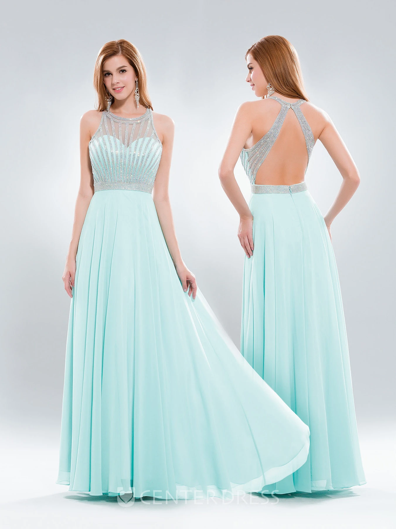 A-Line Maxi Scoop-Neck Sleeveless Chiffon Keyhole Dress With Beading And Pleats