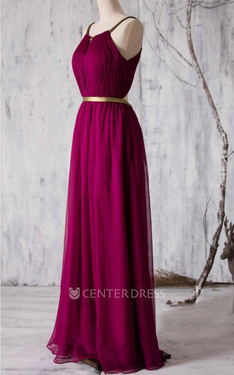 Allover Pleated A-line Chiffon Floor Length Dress With Back Keyhole