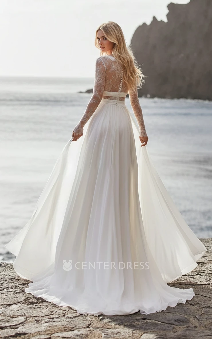 Long Sleeve Lace Plunging V-neck Pleated Bohemian A-Line Floor-length Spring Wedding Dress Gown