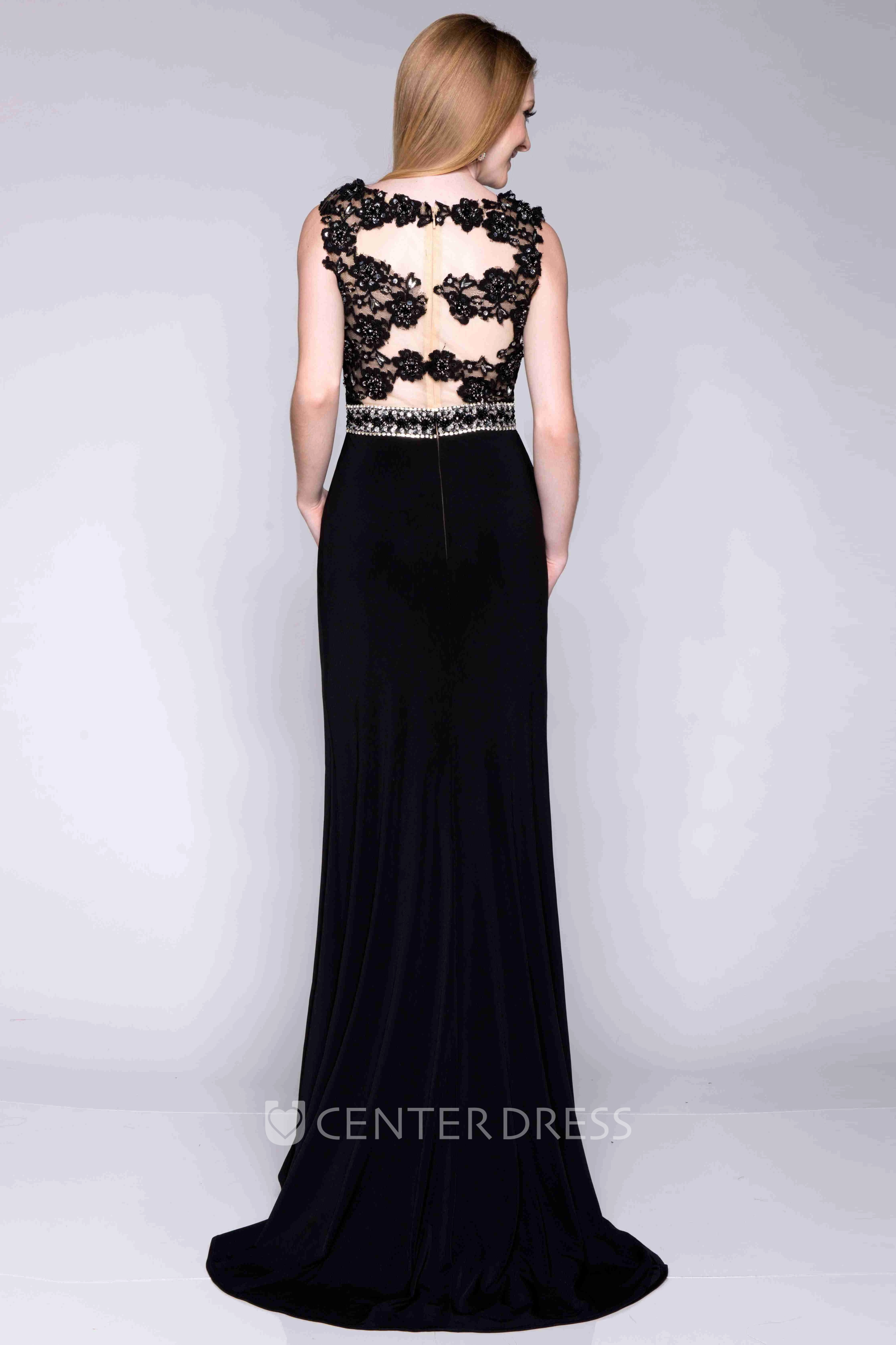 Jersey Sleeveless Side Slit Prom Dress With Beaded Lace Bodice