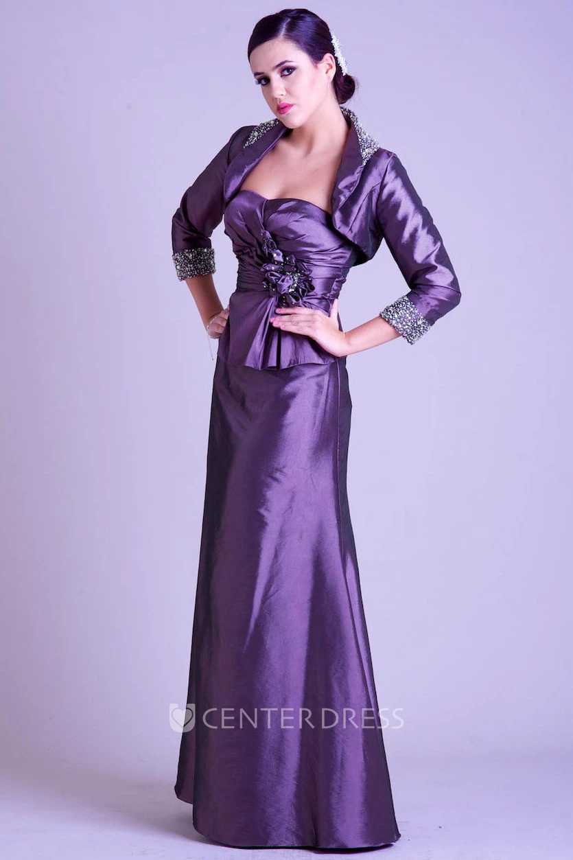 Sheath Beaded Strapless 3-4-Sleeve Long Satin Prom Dress With Cape And Flower