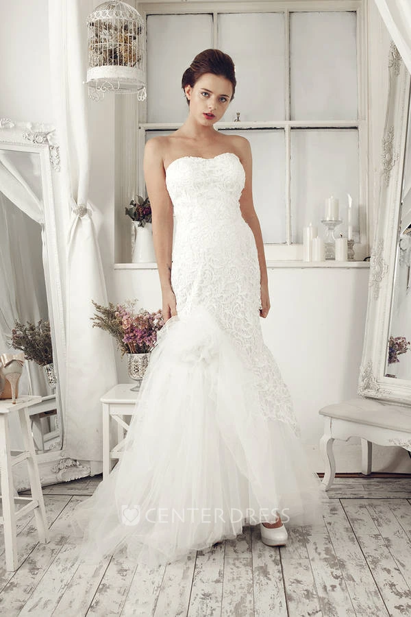 Trumpet Strapless Long Tulle Wedding Dress With Lace