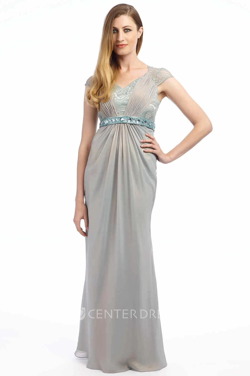 Cap-Sleeve Jeweled Floor-Length V-Neck Chiffon Prom Dress With Lace And Ruching