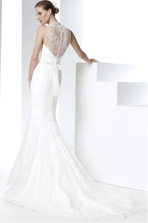 Sheath Maxi Jeweled Sleeveless Bateau Lace Wedding Dress With Illusion Back And Bow