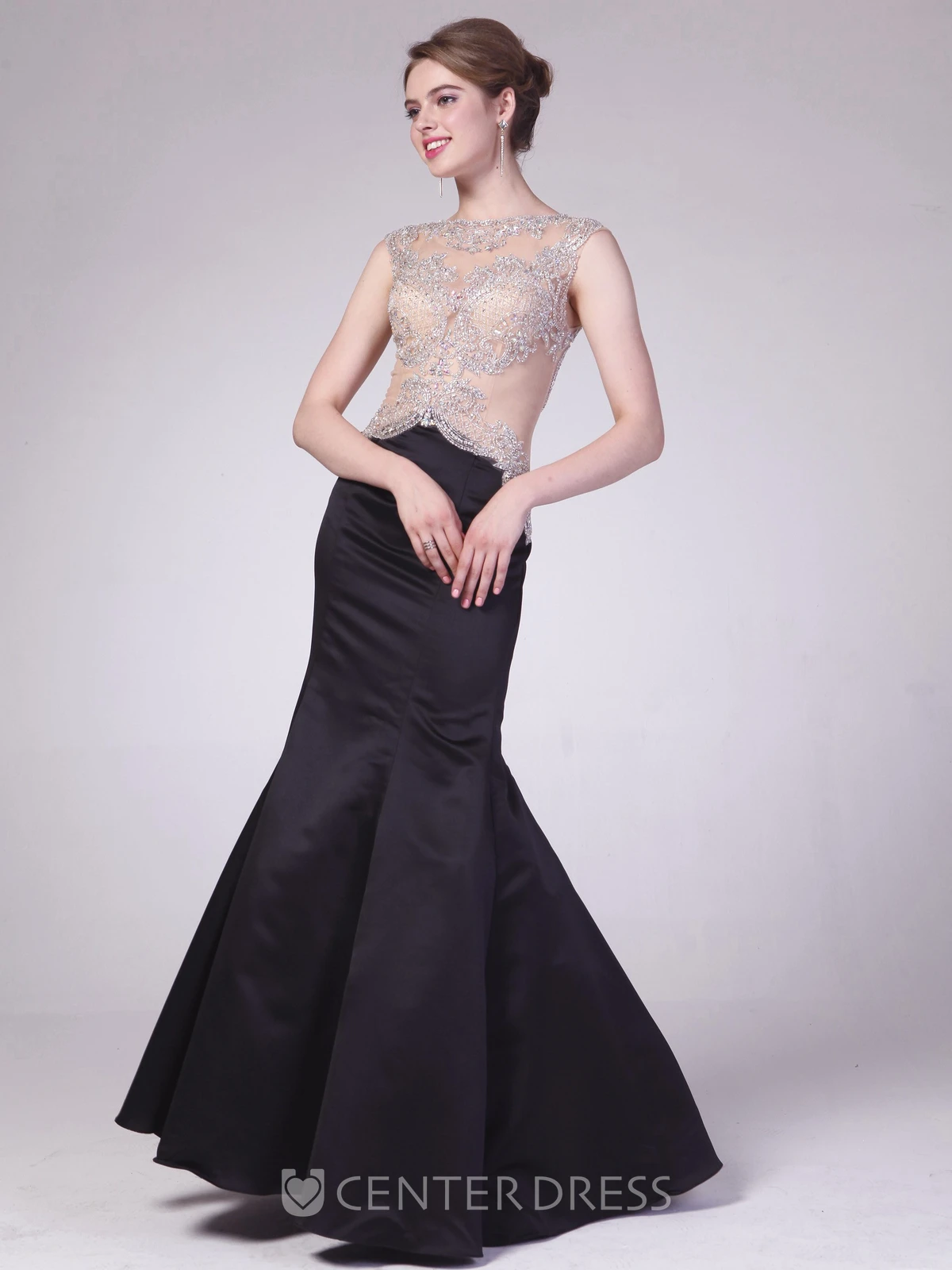 Trumpet Jewel-Neck Sleeveless Satin Illusion Dress With Beading