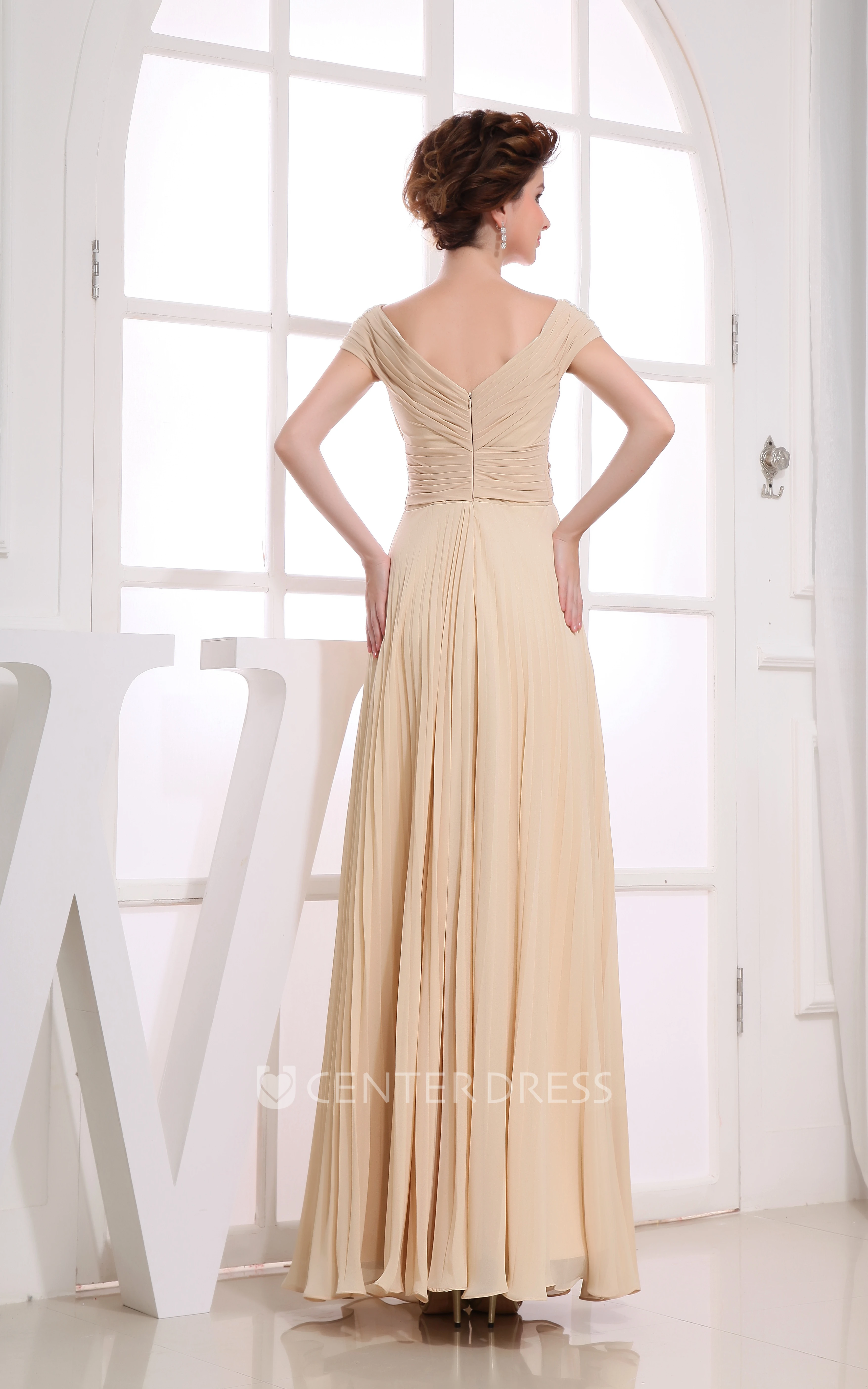 Chiffon Criss-Cross Ruched Floor-Length Dress With Pleats