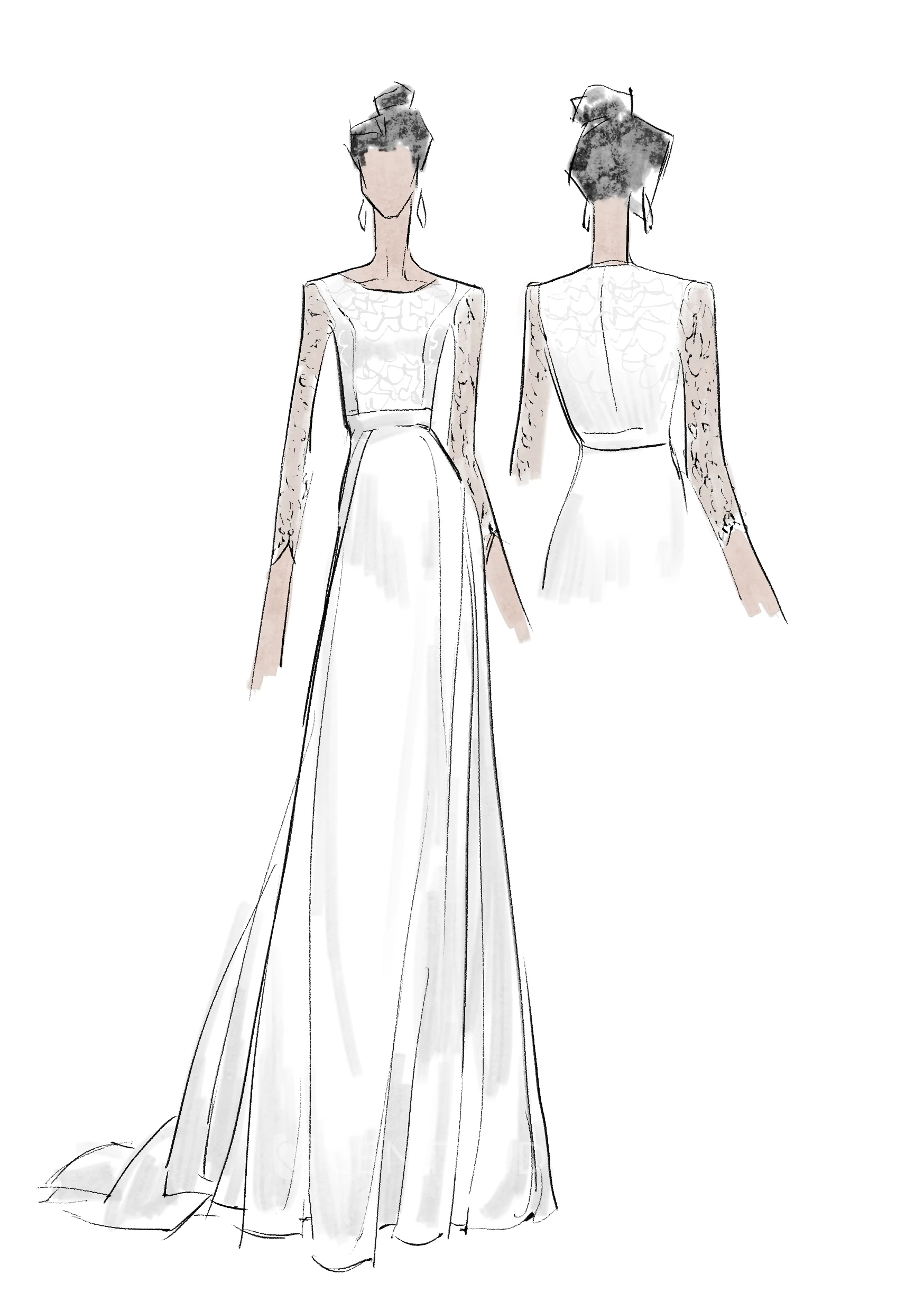 Informal Modest Beach Scoop Neck Lace Chiffon Winter Wedding Dress With 3-4 Sleeves