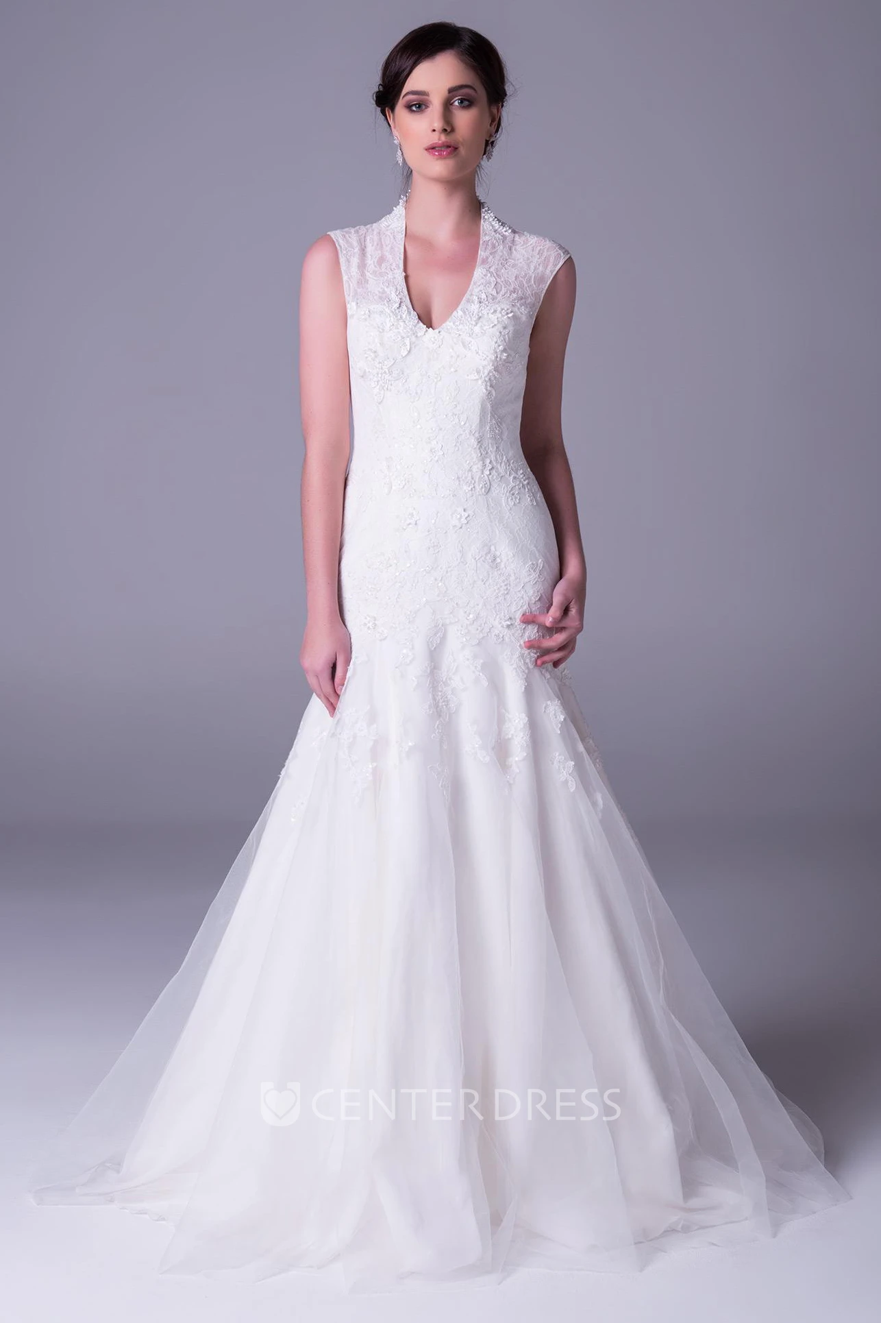 A-Line Floor-Length Sleeveless V-Neck Lace Wedding Dress
