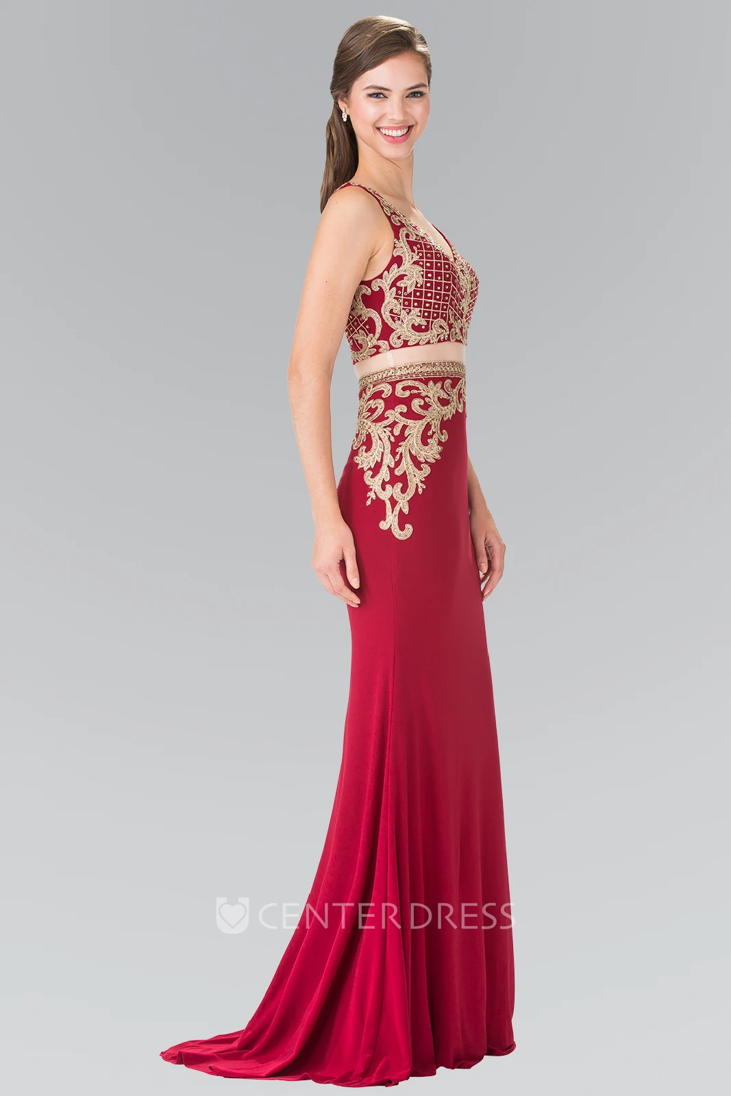 Two-Piece Sheath V-Neck Sleeveless Jersey Dress With Appliques And Beading