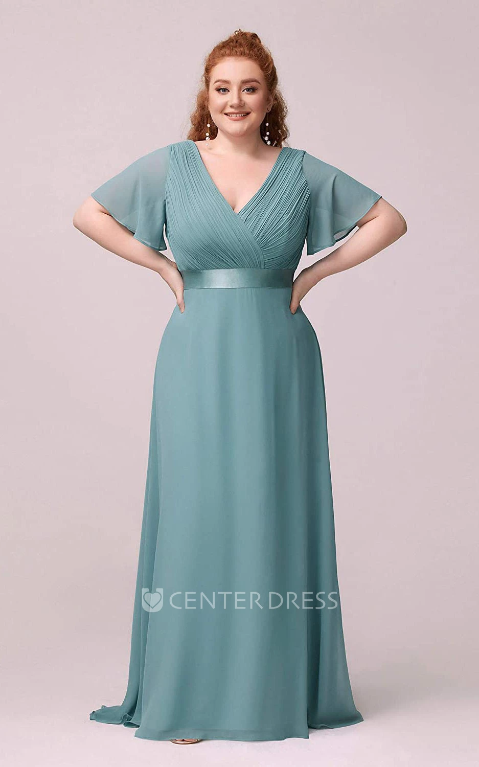 Casual Half Sleeve Chiffon V-neck A Line Mother Dress With Criss Cross and Ruching