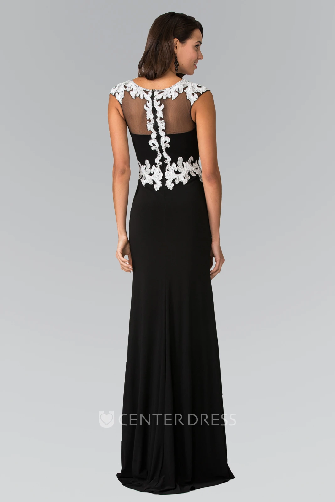 Sheath Floor-Length Cap-Sleeve Jersey Illusion Dress With Appliques