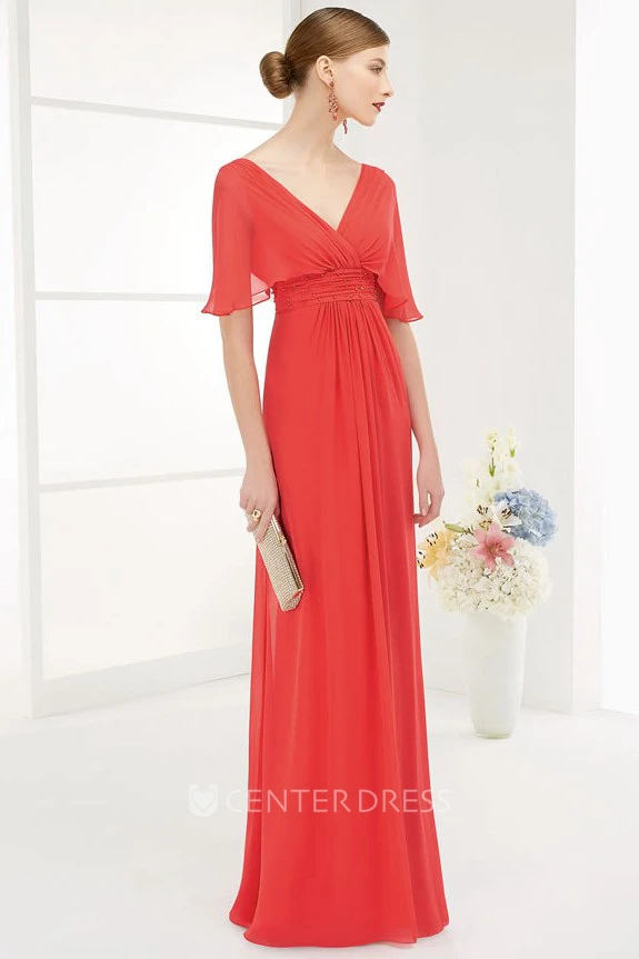 V Neck V Back Empire A-Line Chiffon Long Prom Dress With Wrap Sleeves