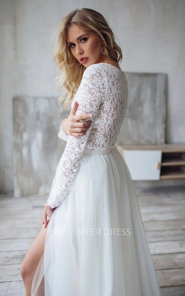 Two Piece Long Sleeve Lace Tulle Vintage Button Spring Wedding Dress with Ruffles