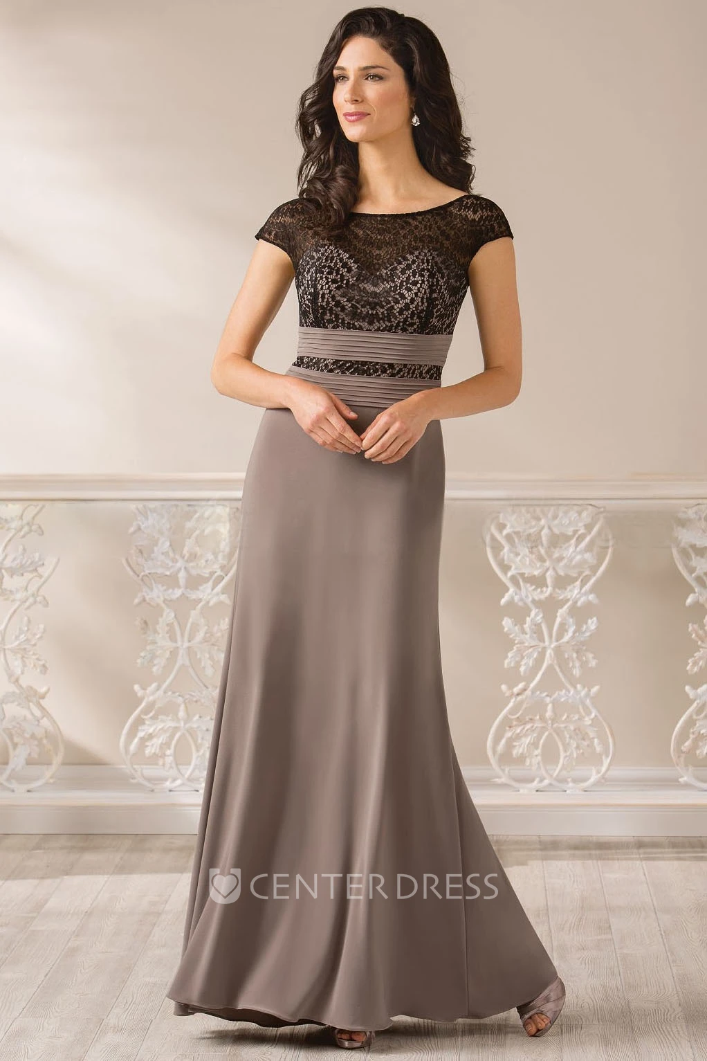Cap-Sleeved Long Mother Of The Bride Dress With Bateau-Neck And Square Back