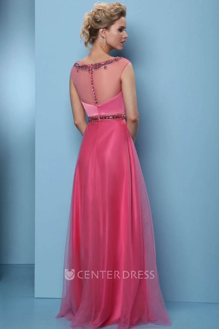 A-Line Scoop-Neck Sleeveless Long Beaded Tulle&Satin Prom Dress With Waist Jewellery