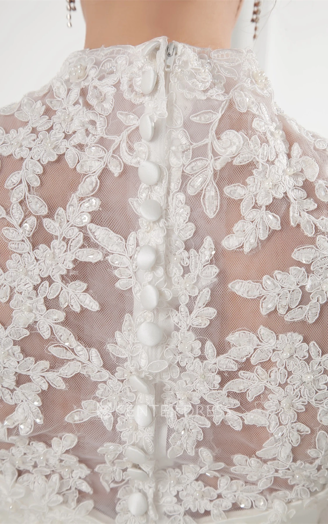 scalloped-neck plunged ball lace gown with illusion long sleeves