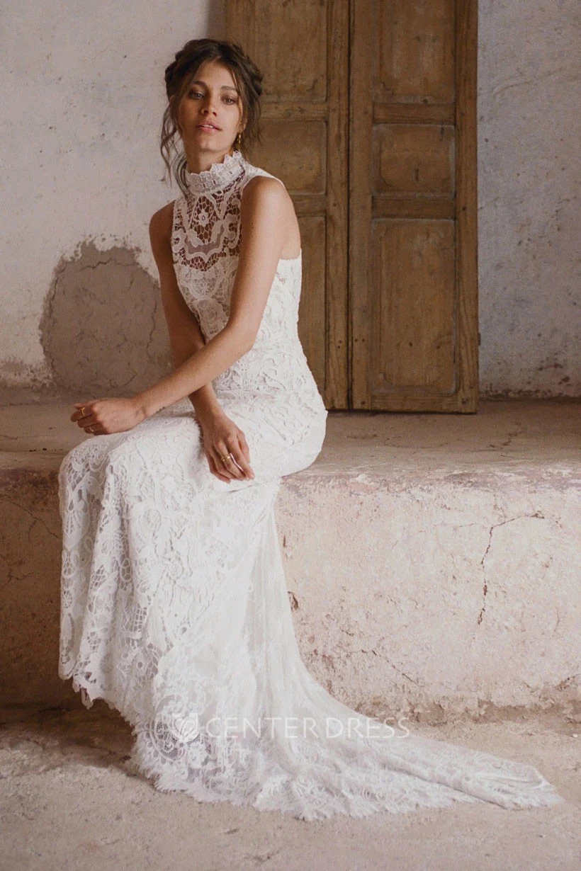 Sexy Lace High Neck Sleeveless Keyhole Back Bridal Gown