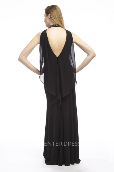 Sheath High-Neck Beaded Sleeveless Floor-Length Chiffon Prom Dress With Draping