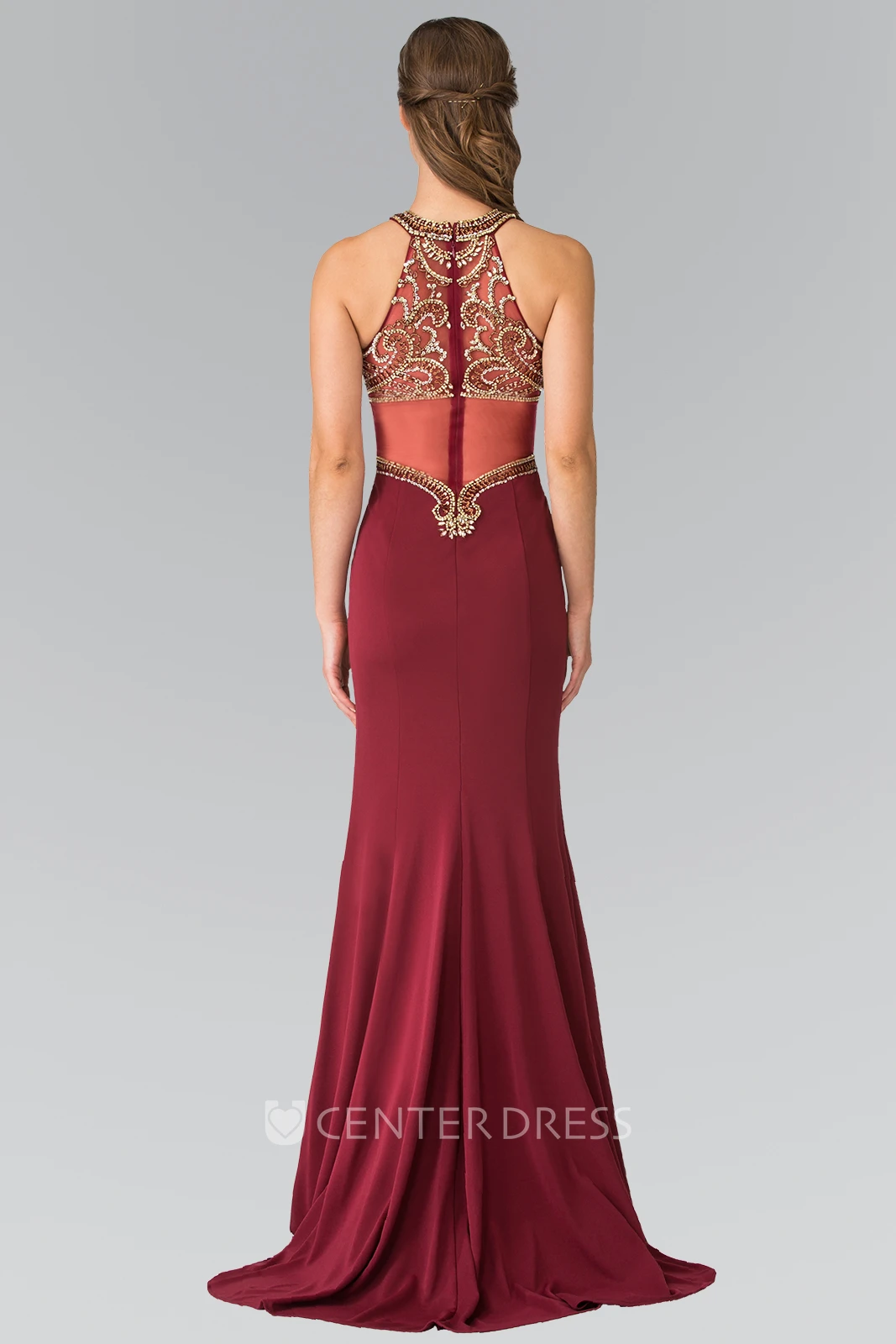 Sheath Long Scoop-Neck Sleeveless Jersey Illusion Dress With Sequins And Beading