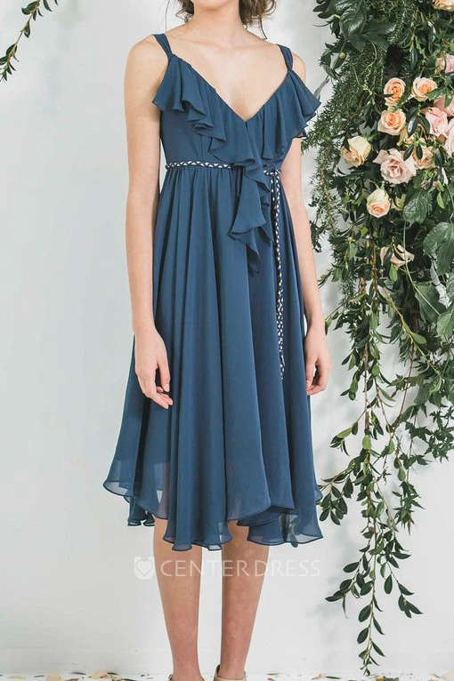 Tea-Length Empire Draped V-Neck Sleeveless Chiffon Bridesmaid Dress
