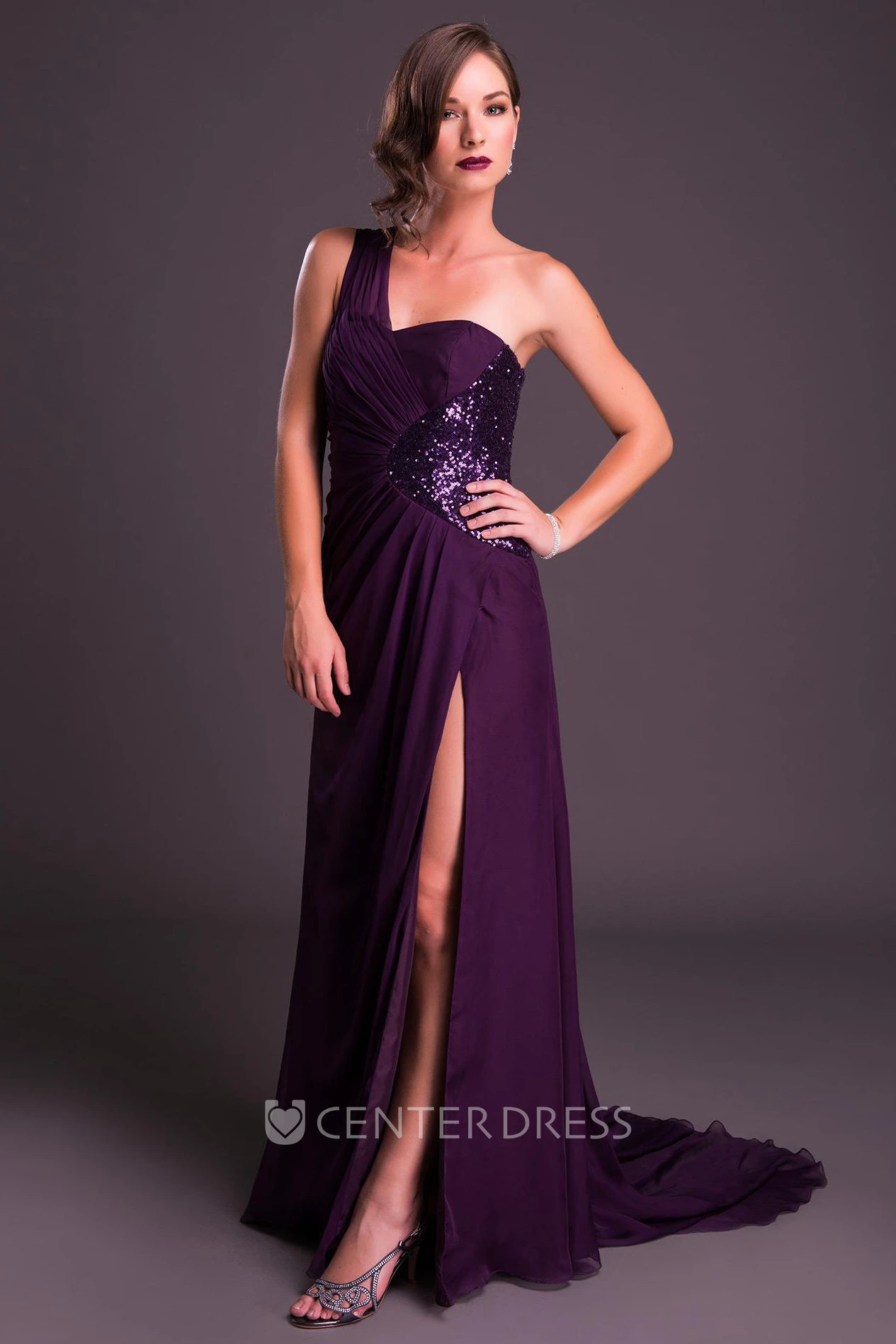 Sheath One-Shoulder Sequined Sleeveless Maxi Chiffon Prom Dress With Split Front And Ruching