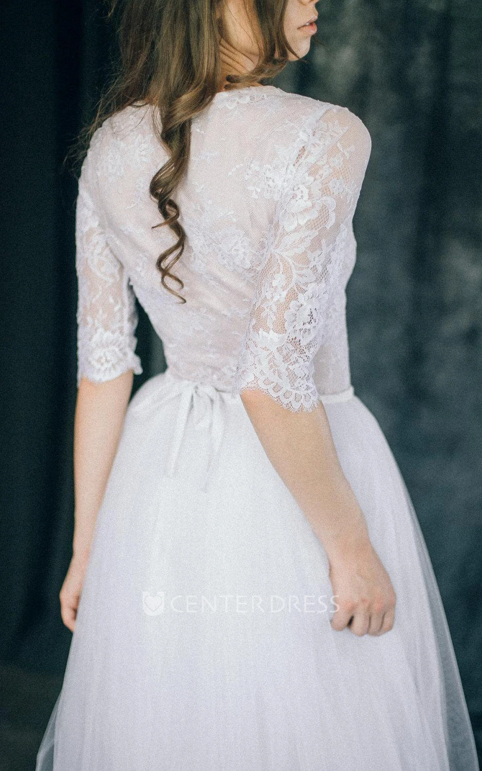 V-Neck Tulle Lace Satin Weddig Dress