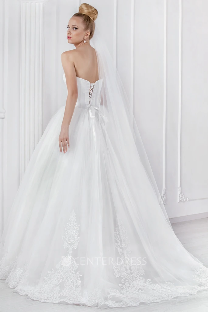 Ball Gown Long Strapless Tulle Wedding Dress With Appliques And Corset Back