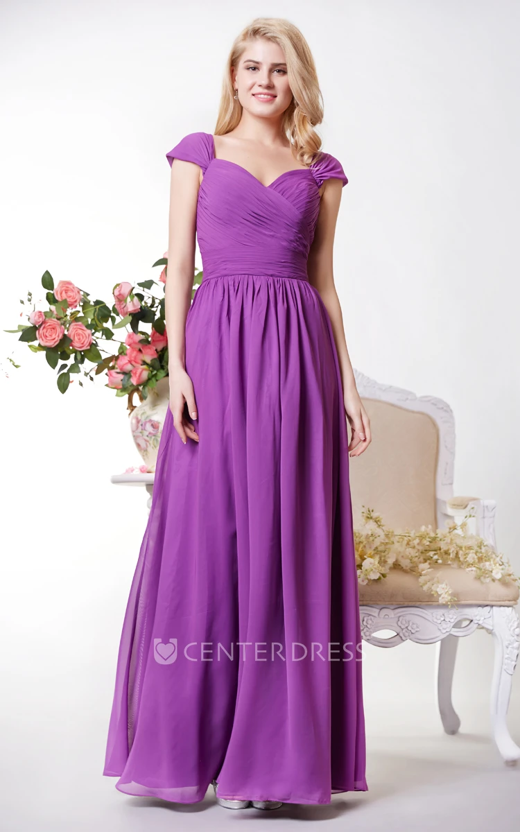 Graceful Chiffon A-line Gown With Cap Sleeves and Spaghetti Straps
