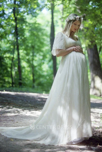 A-Line Court Train Short Sleeve Empire Maternity Wedding Dress