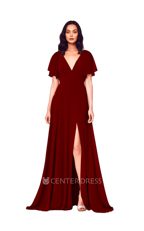 Modest Chiffon A-Line V-neck Bridesmaid Dress with Front Split Simple Wedding Dress