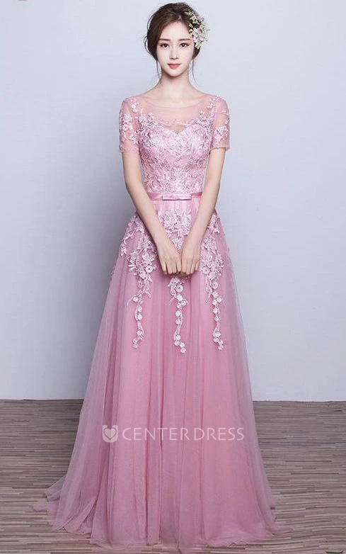 Short Sleeve A-line Long Tulle Dress with Appliques