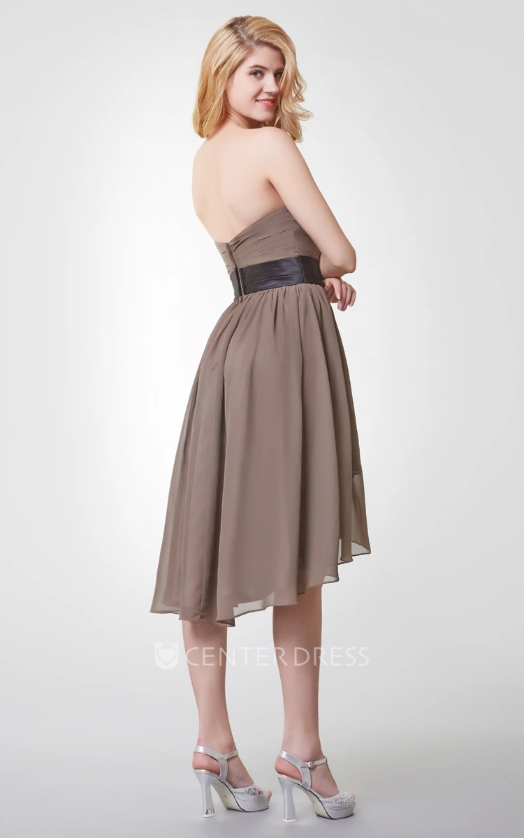 Sleeveless Pleated High Low Chiffon Dress With Beaded Brooch