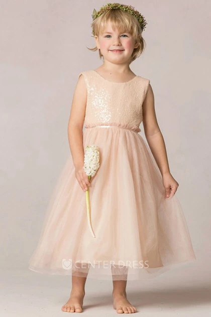 A-Line Sequined Scoop-Neck Tea-Length Sleeveless Tulle Flower Girl Dress