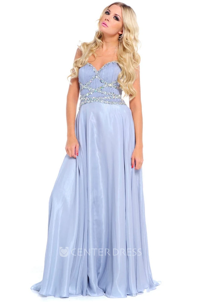 Sleeveless Beaded Sweetheart Chiffon Prom Dress With Ruching And Straps