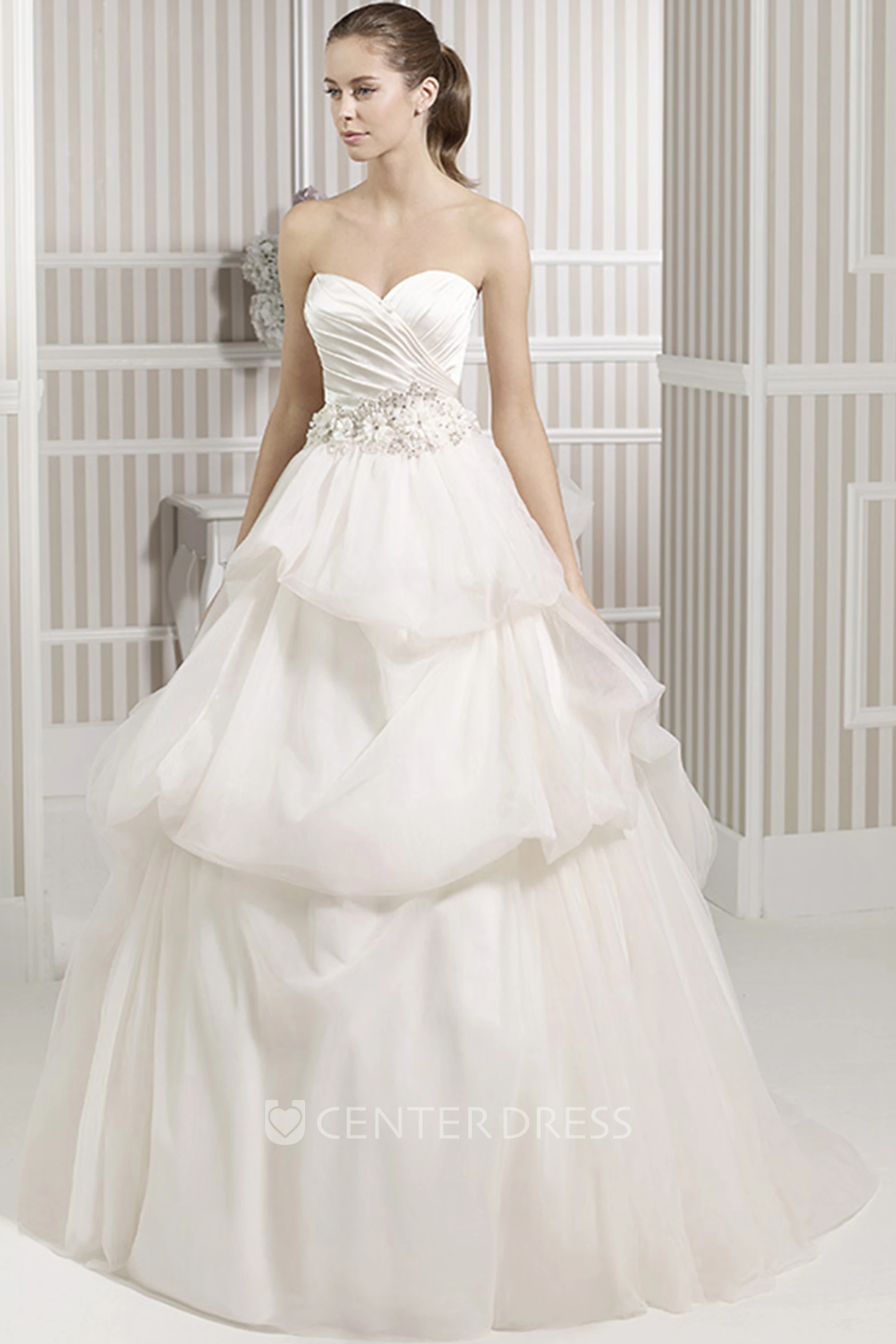 Ball Gown Long Jeweled Sweetheart Satin&Tulle Wedding Dress With Criss Cross And Pick Up