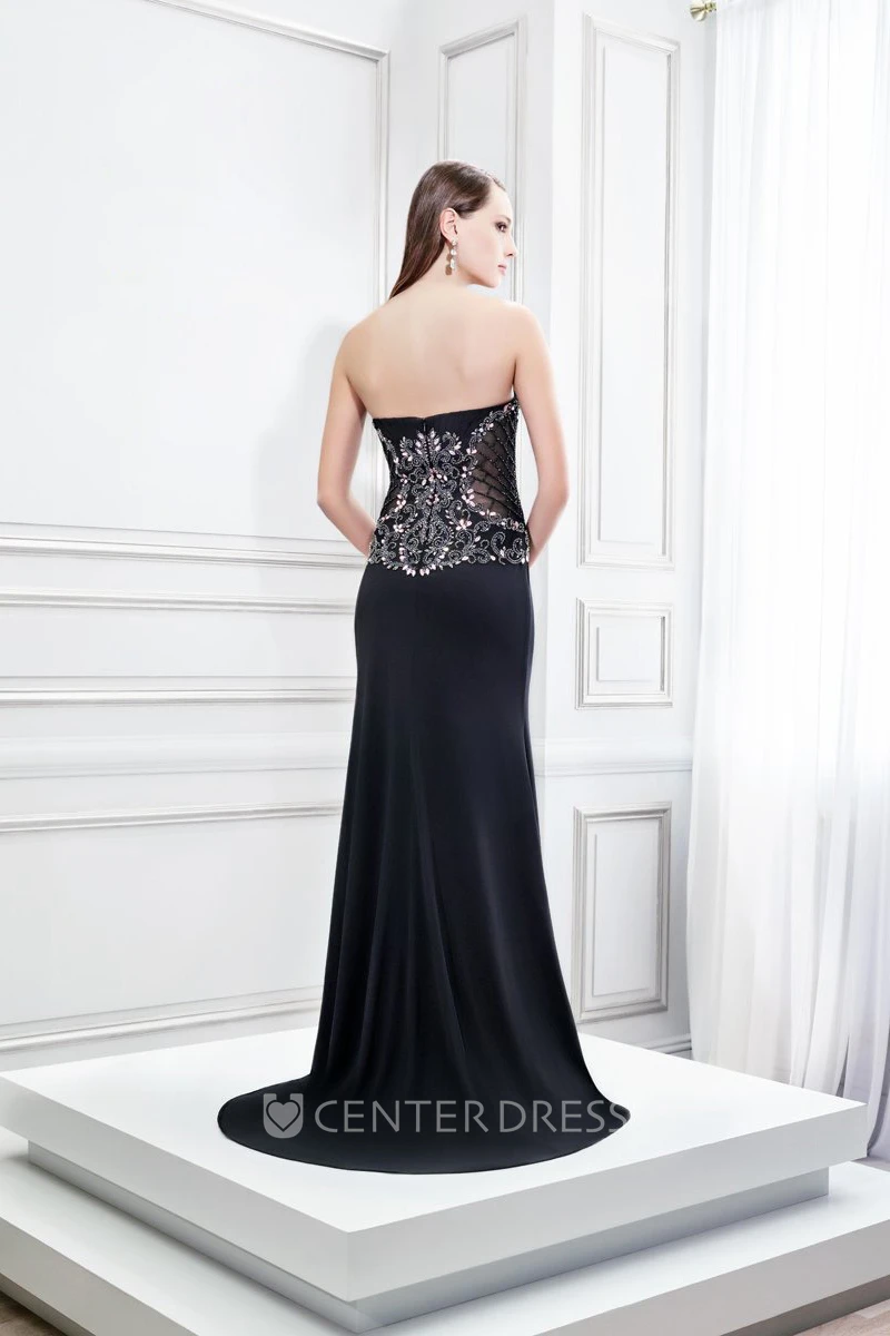 Sheath Sweetheart Beaded Long Sleeveless Jersey Prom Dress With Backless Style And Split Front