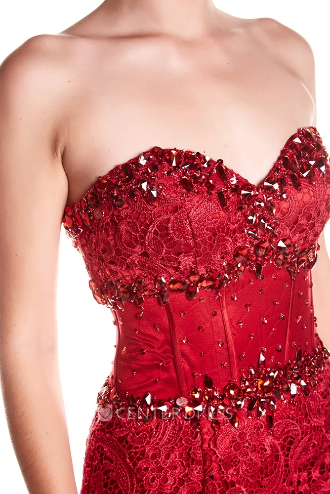 Mermaid Crystal Sweetheart Sleeveless Floor-Length Tulle&Lace Prom Dress With Backless Style And Appliques