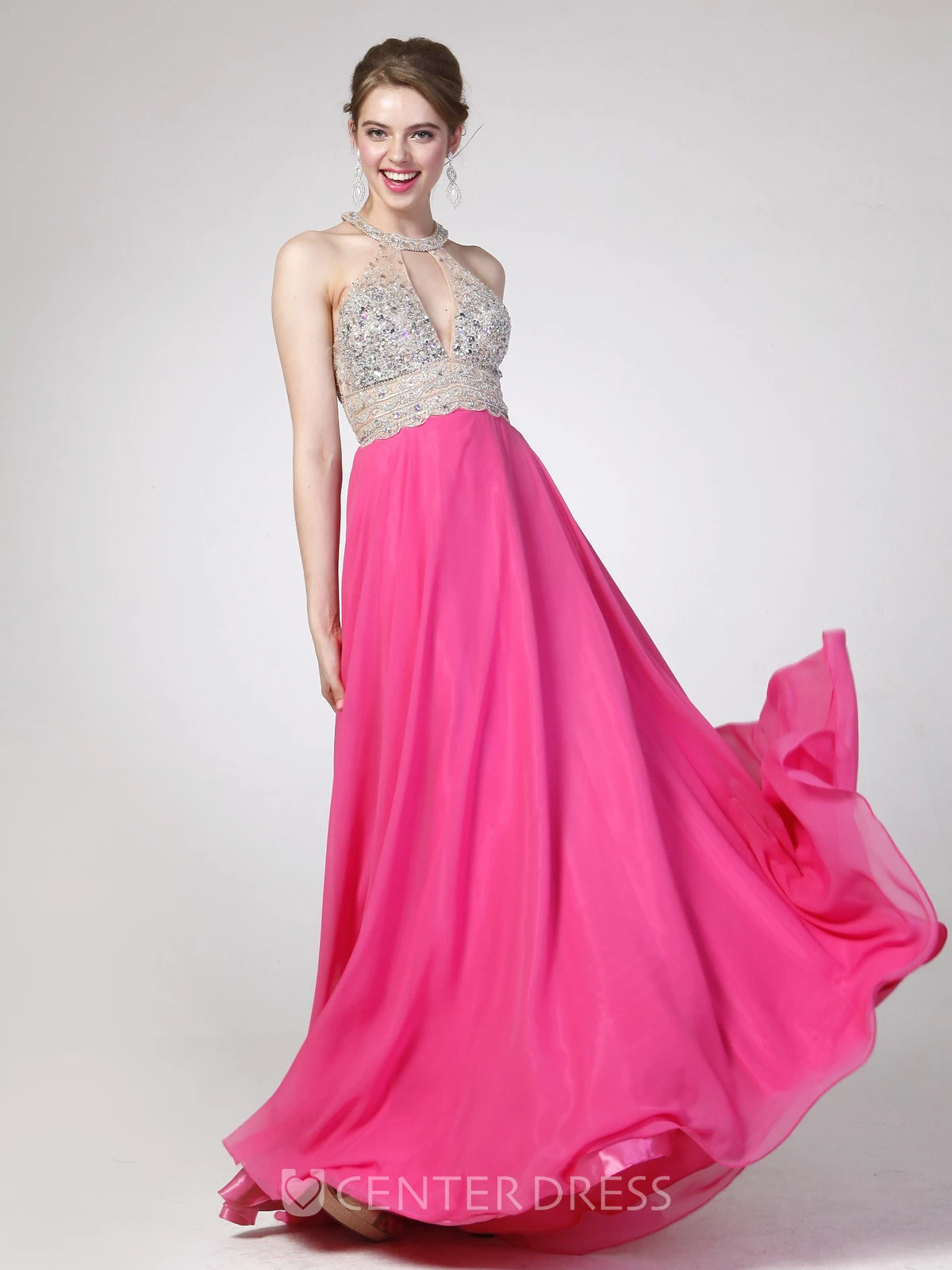 A-Line Scoop-Neck Sleeveless Empire Chiffon Keyhole Dress With Beading