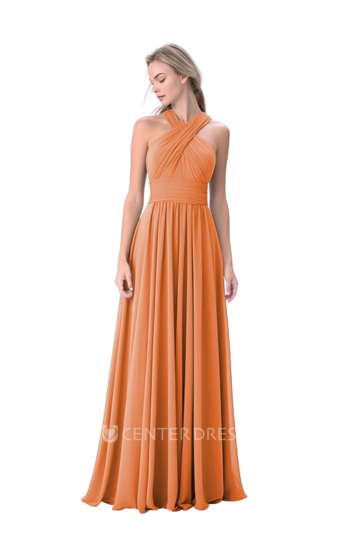 Beautiful Chiffon A-Line Halter Neck Bridesmaid Dress with Ruching Unique Prom Dress