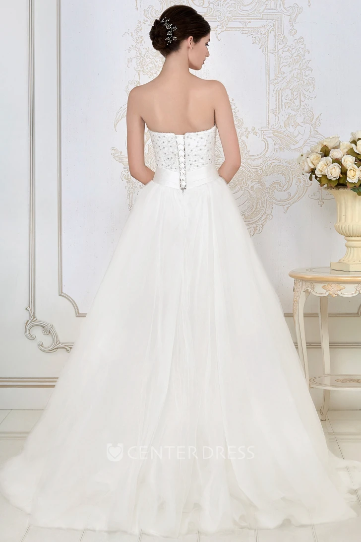 A-Line Beaded Sleeveless Maxi Strapless Tulle Wedding Dress